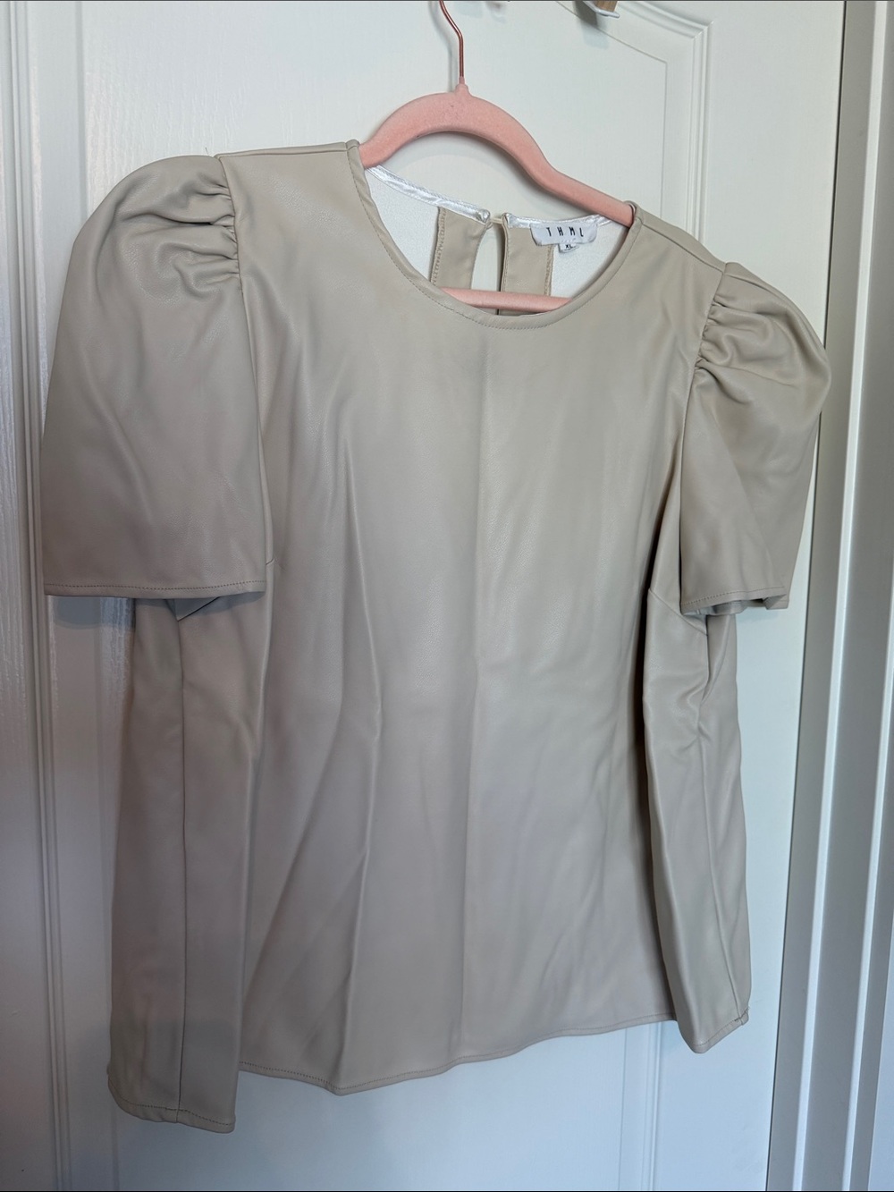 THML Cream Faux Leather Puff Sleeve Top